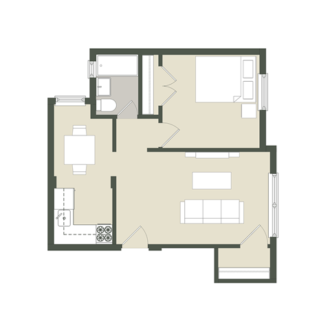 Floor plan for 1 bed, 1 bath, 455 sqft